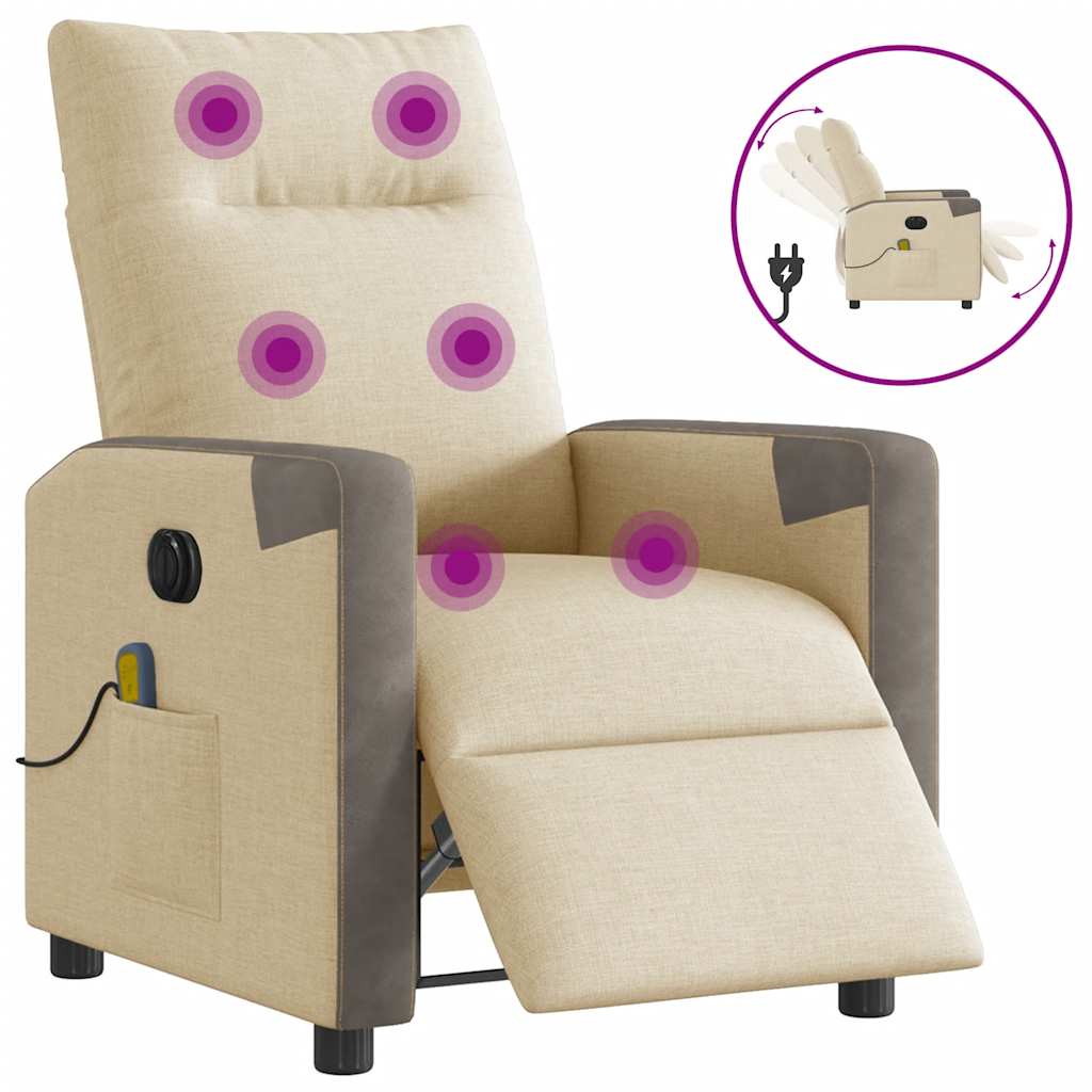 vidaXL Rozkładany fotel masujący, elektryczny, kremowy, tkanina
