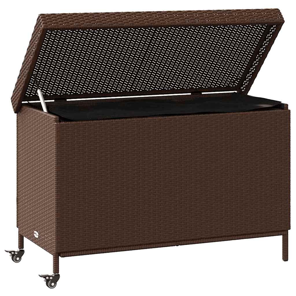 vidaXL Skrzynia ogrodowa z kółkami, brązowa, 110x55x73 cm, polirattan