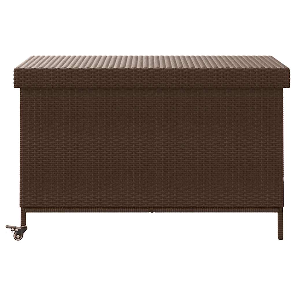 vidaXL Skrzynia ogrodowa z kółkami, brązowa, 110x55x73 cm, polirattan