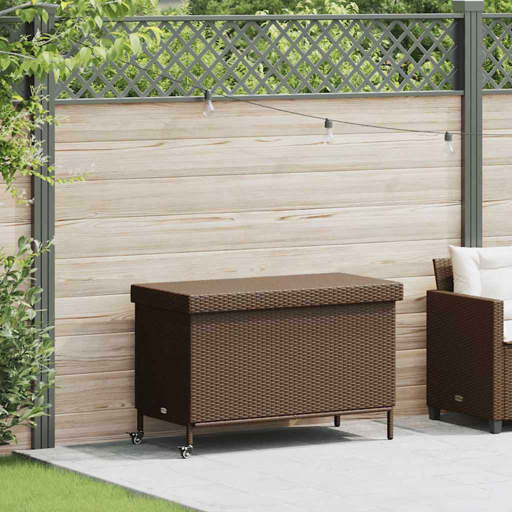 vidaXL Skrzynia ogrodowa z kółkami, brązowa, 110x55x73 cm, polirattan