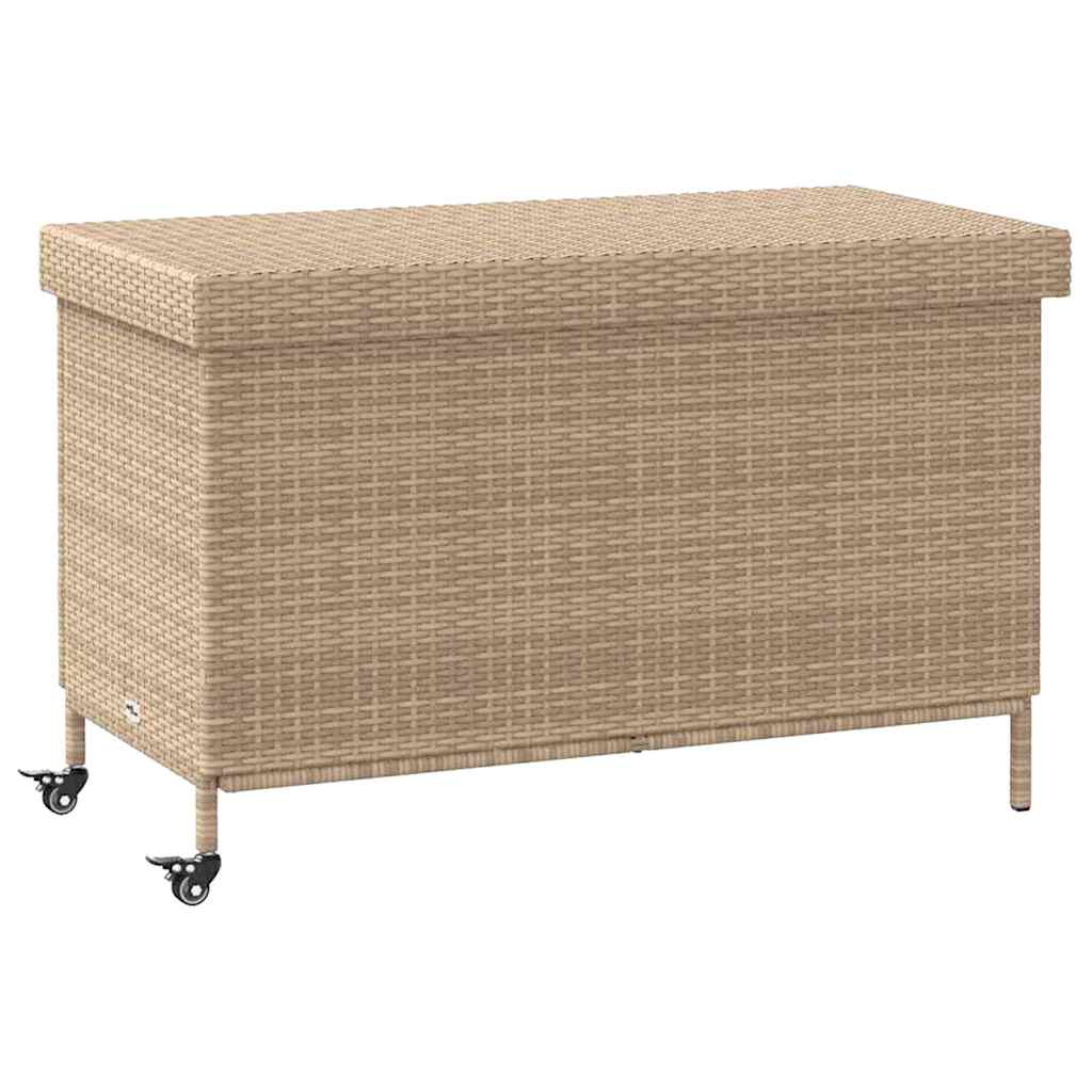 vidaXL Skrzynia ogrodowa z kółkami, beż, 110x55x73 cm, polirattan