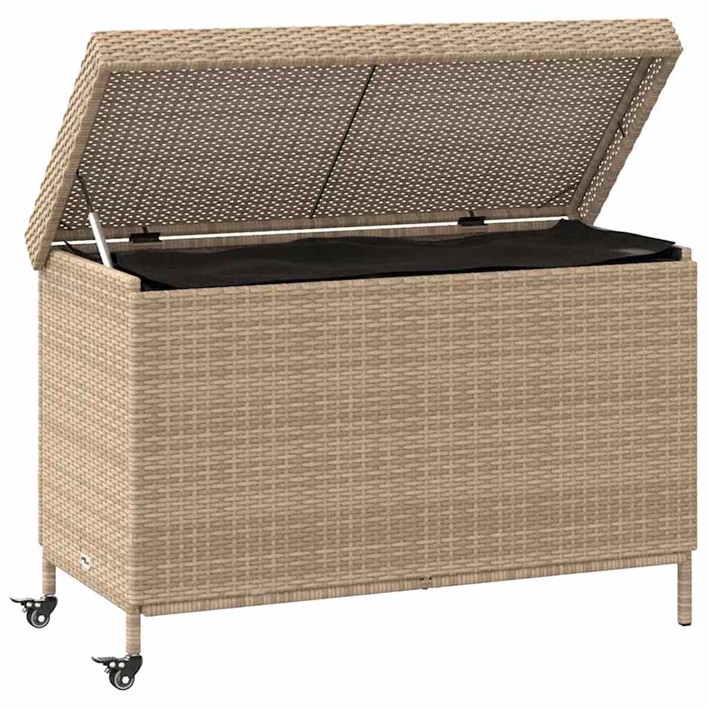vidaXL Skrzynia ogrodowa z kółkami, beż, 110x55x73 cm, polirattan