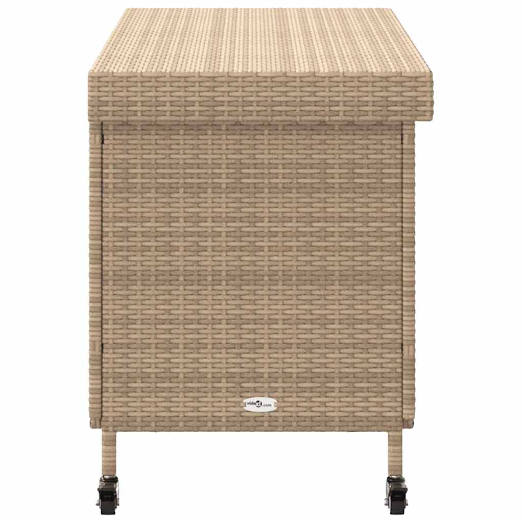 vidaXL Skrzynia ogrodowa z kółkami, beż, 110x55x73 cm, polirattan