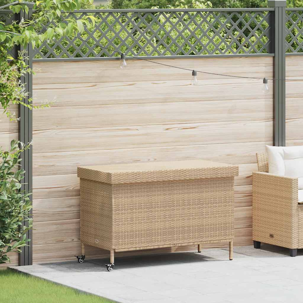vidaXL Skrzynia ogrodowa z kółkami, beż, 110x55x73 cm, polirattan