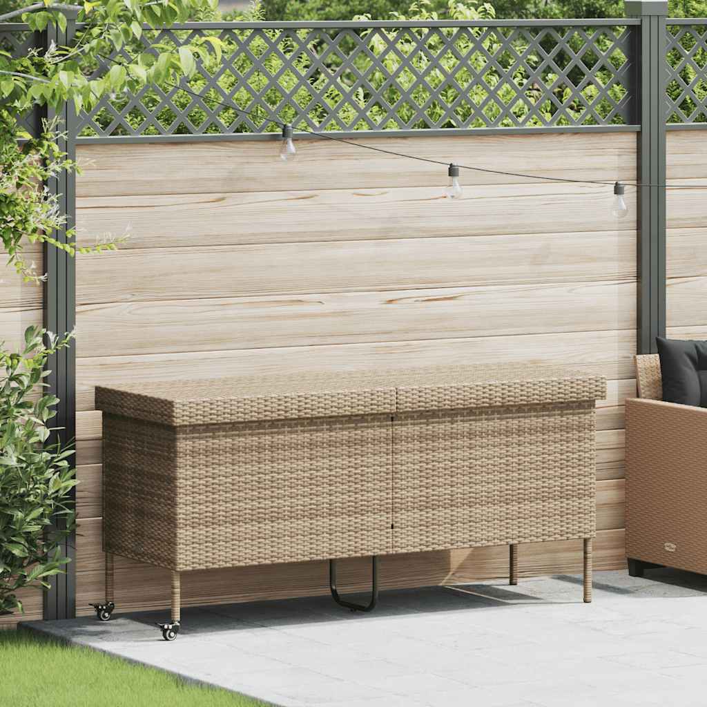 vidaXL Skrzynia ogrodowa z kółkami beżowa 160x55x75 cm polirattan