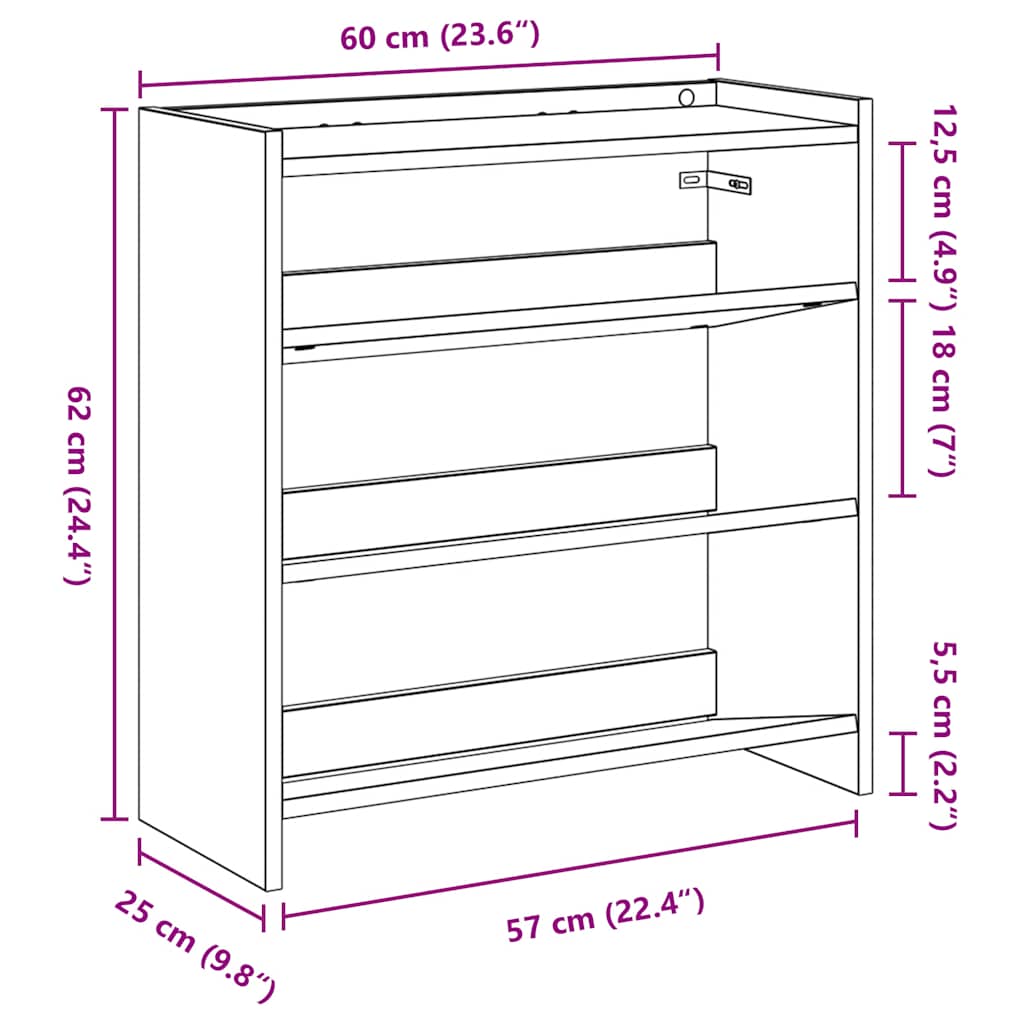 vidaXL Stojak na buty, dąb sonoma 60x25x62 cm, materiał drewnopochodny