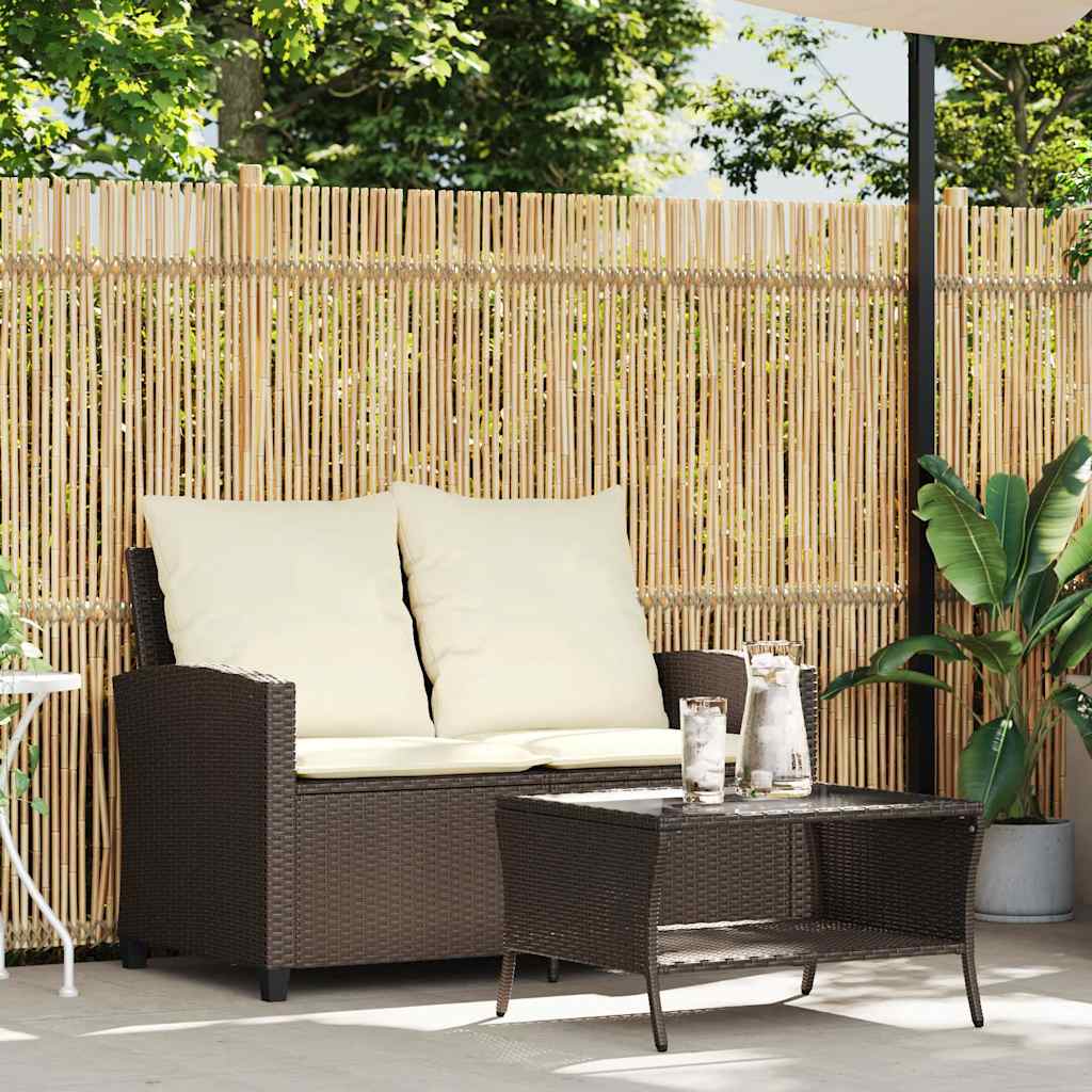 vidaXL Sofa ogrodowa 2-osobowa z poduszkami i stołem Brązowy