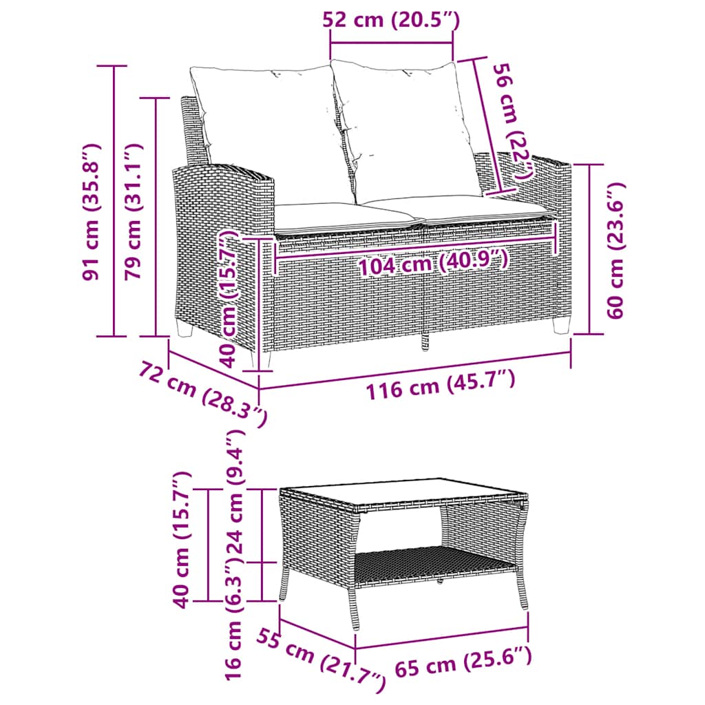 vidaXL Sofa ogrodowa 2-osobowa z poduszkami i stołem Brązowy