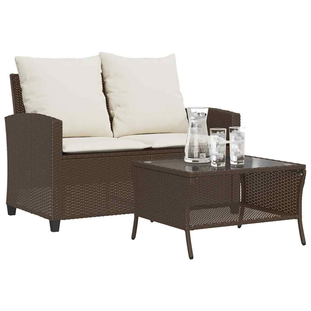 vidaXL Sofa ogrodowa 2-osobowa z poduszkami i stołem Brązowy