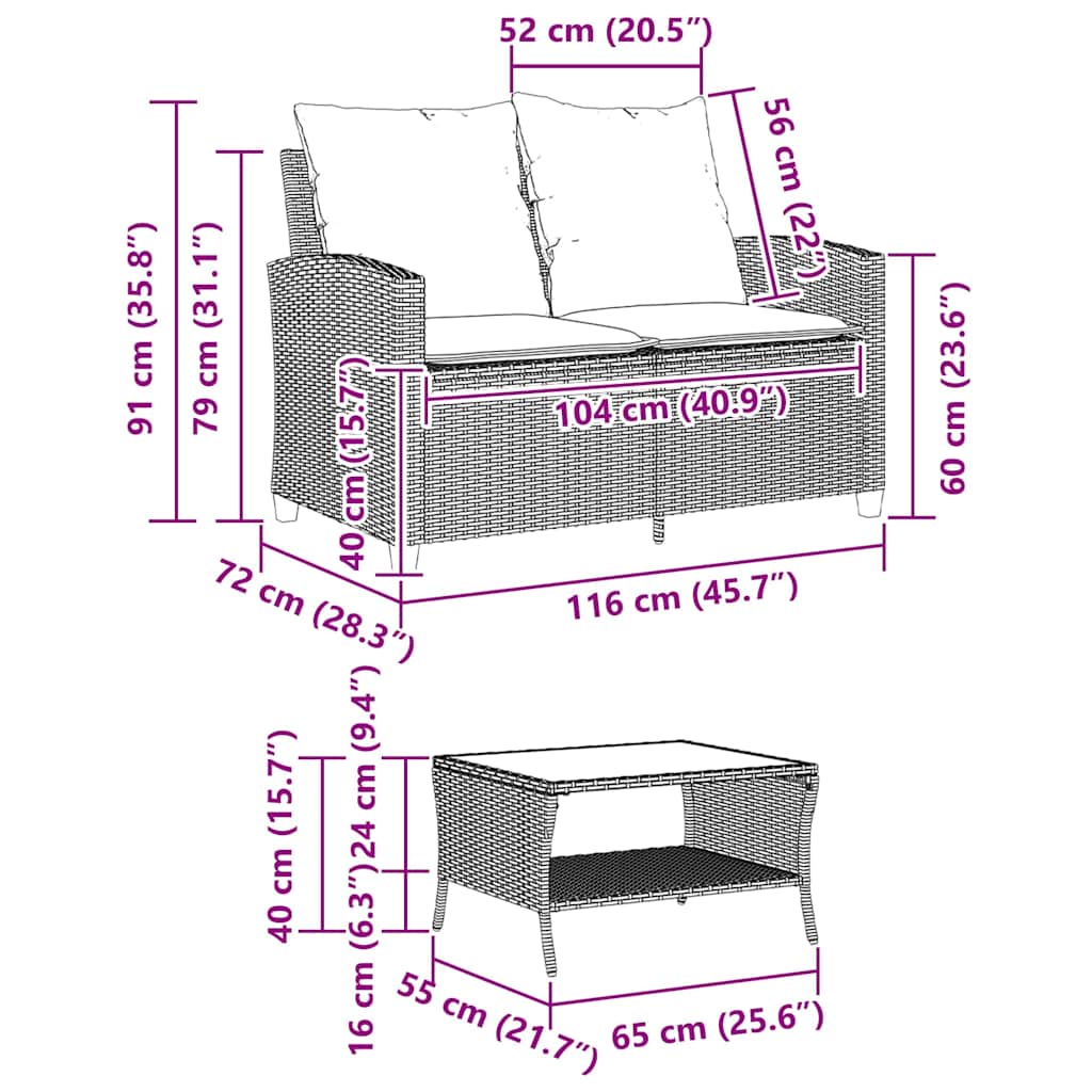 vidaXL Sofa ogrodowa 2-osobowa z poduszkami i stołem beżowa