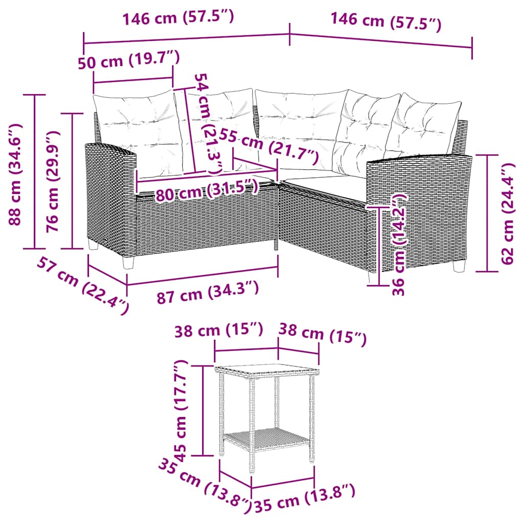 vidaXL Sofa ogrodowa ze stołem i poduszkami w kształcie litery L