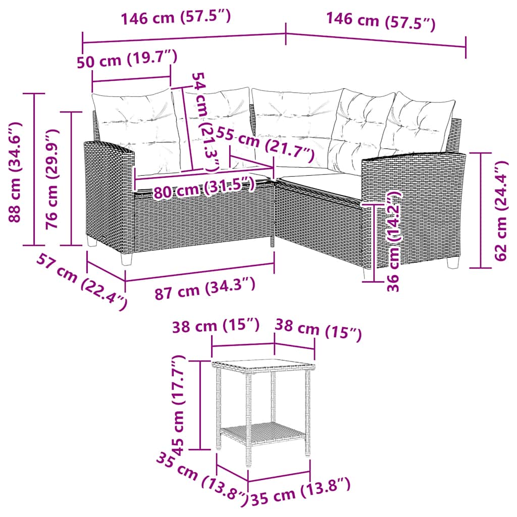 vidaXL Sofa ogrodowa ze stołem i poduszkami w kształcie litery L