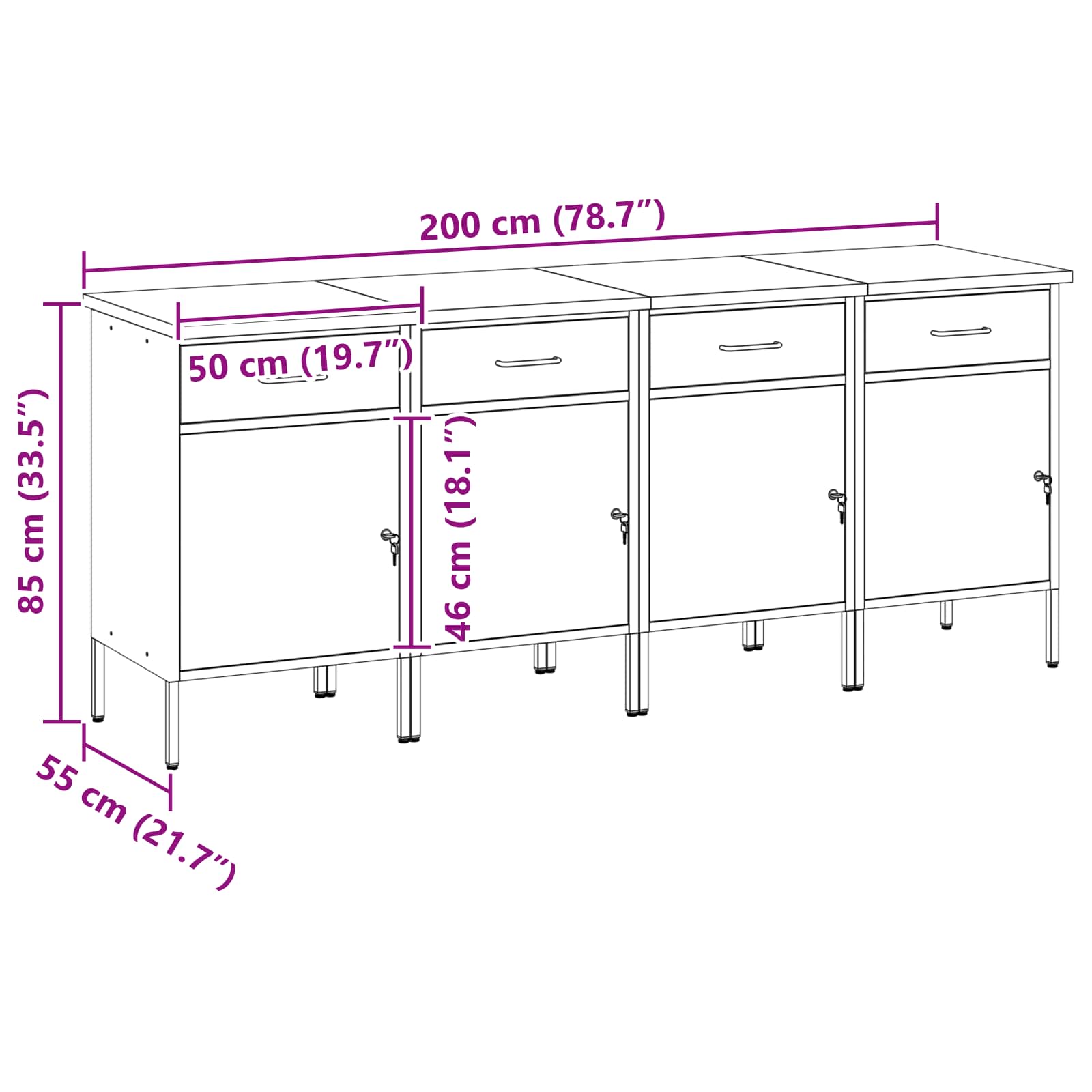 vidaXL Szafka robocza 4 pcs Czerwony i Szary 200 x 55 x 85 cm