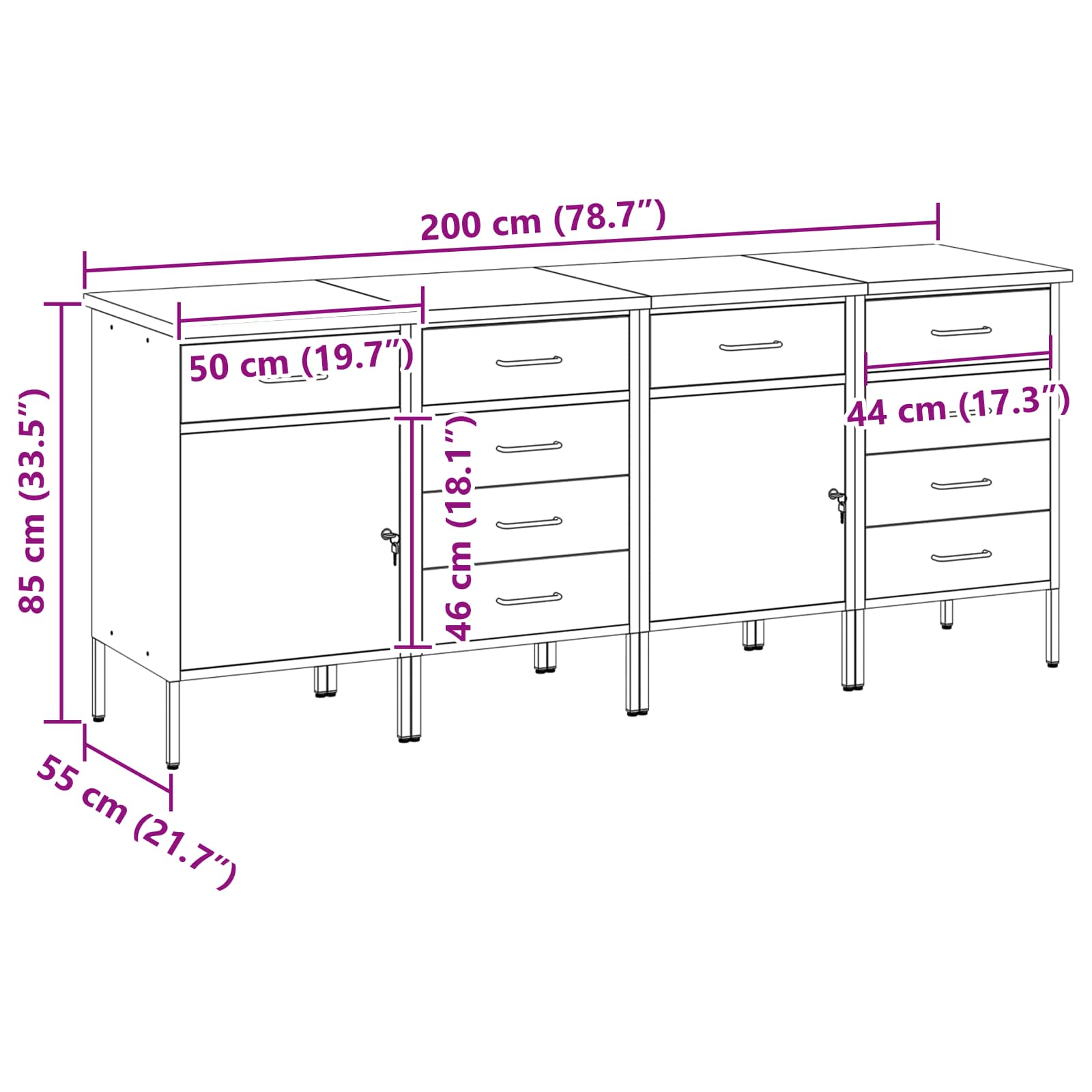 vidaXL Szafka robocza 4 pcs Czerwony i Szary 200 x 55 x 85 cm