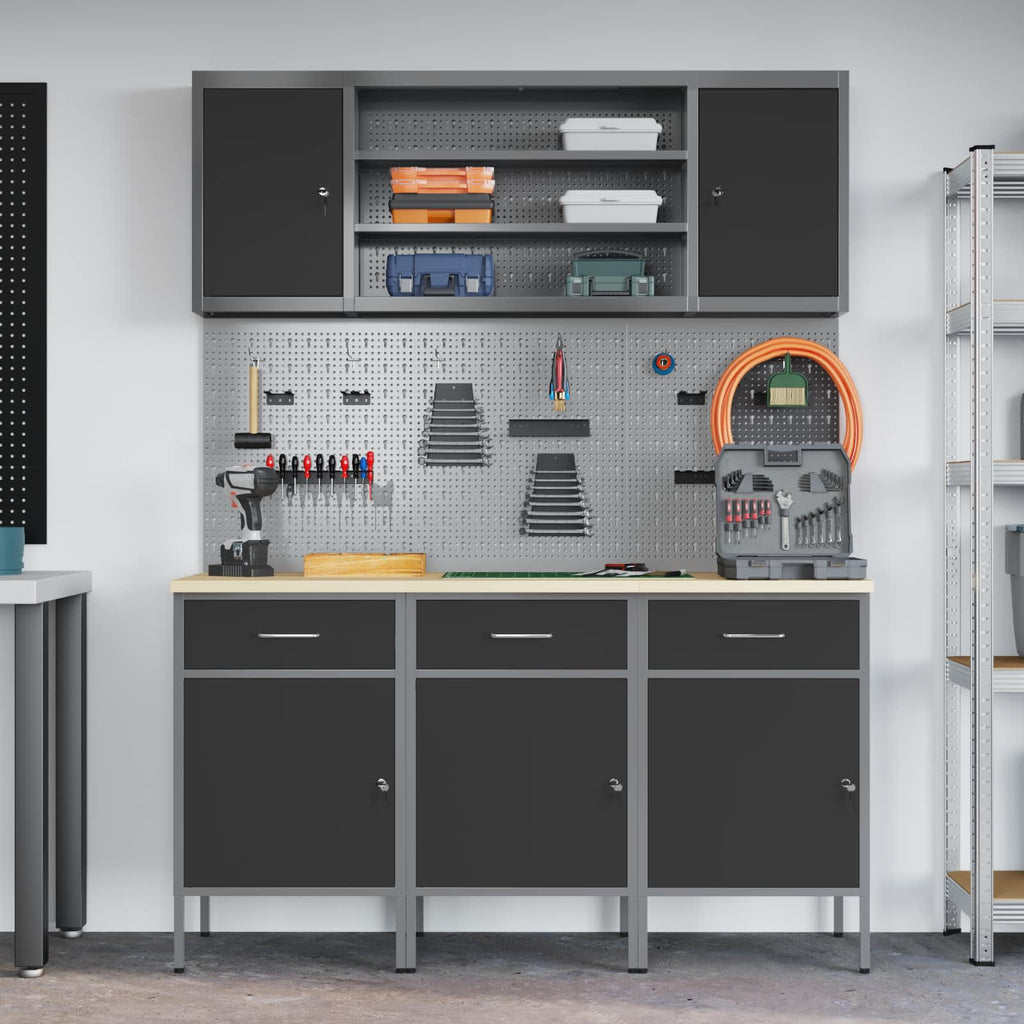 vidaXL Szafka robocza z półką 7 szt. Czarny Drewno inżynieryjne i stal