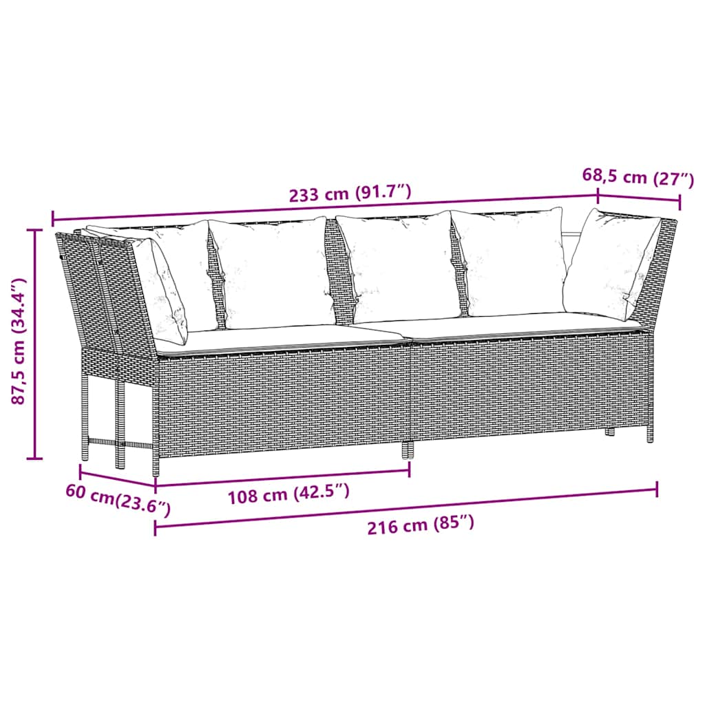 vidaXL Sofa ogrodowa z poduszkami, szara, polirattanowa