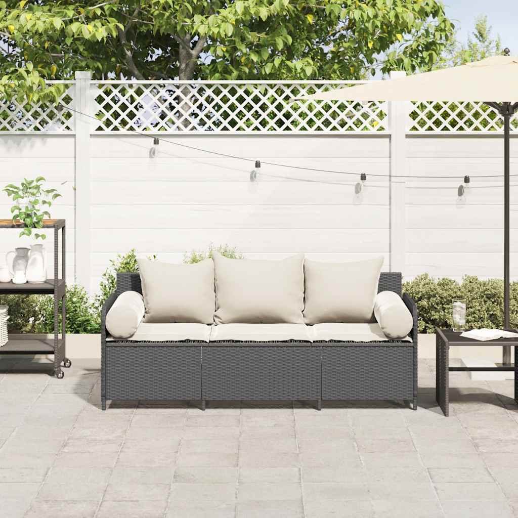 vidaXL Sofa ogrodowa z poduszkami, 3-osobowa, czarna, polirattan
