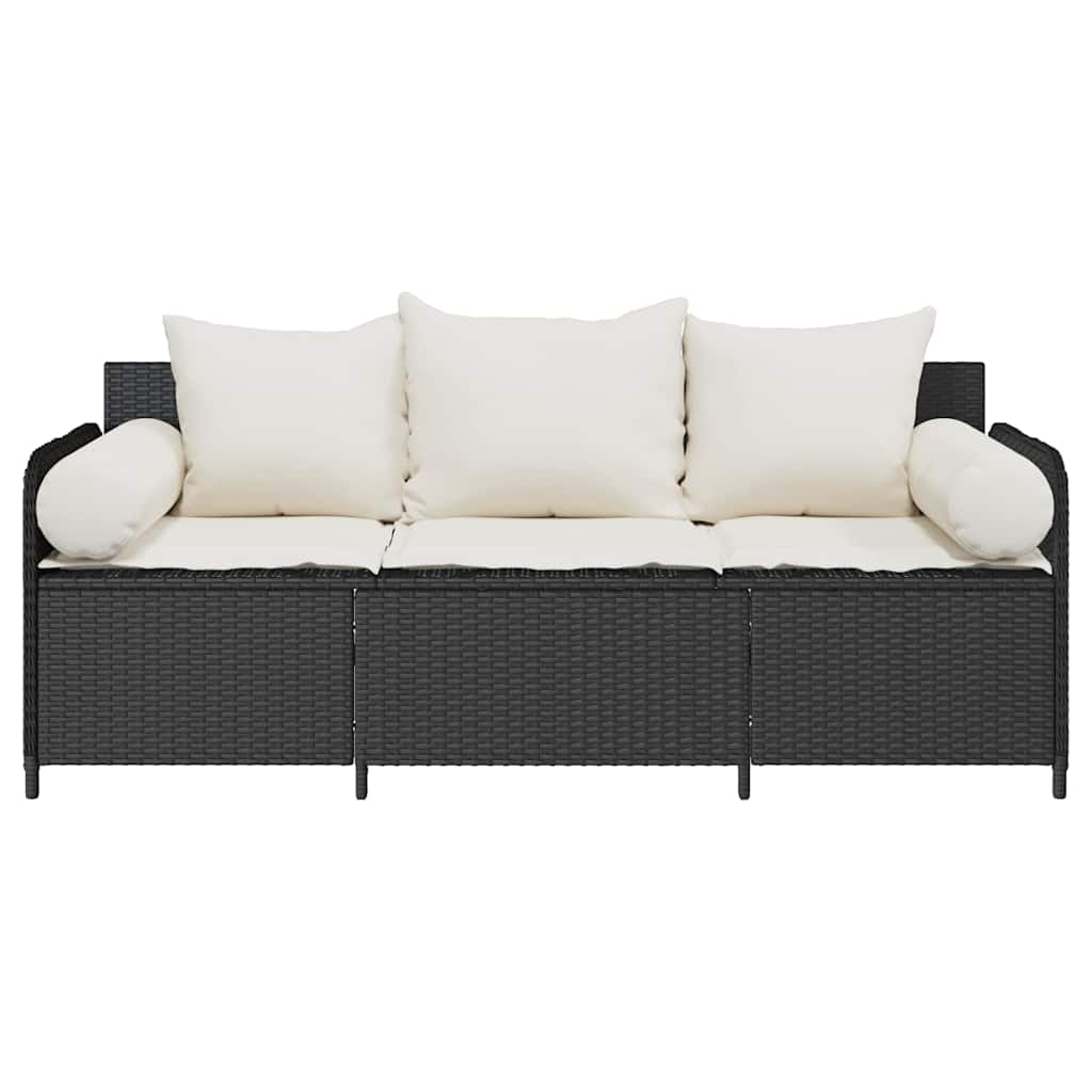 vidaXL Sofa ogrodowa z poduszkami, 3-osobowa, czarna, polirattan