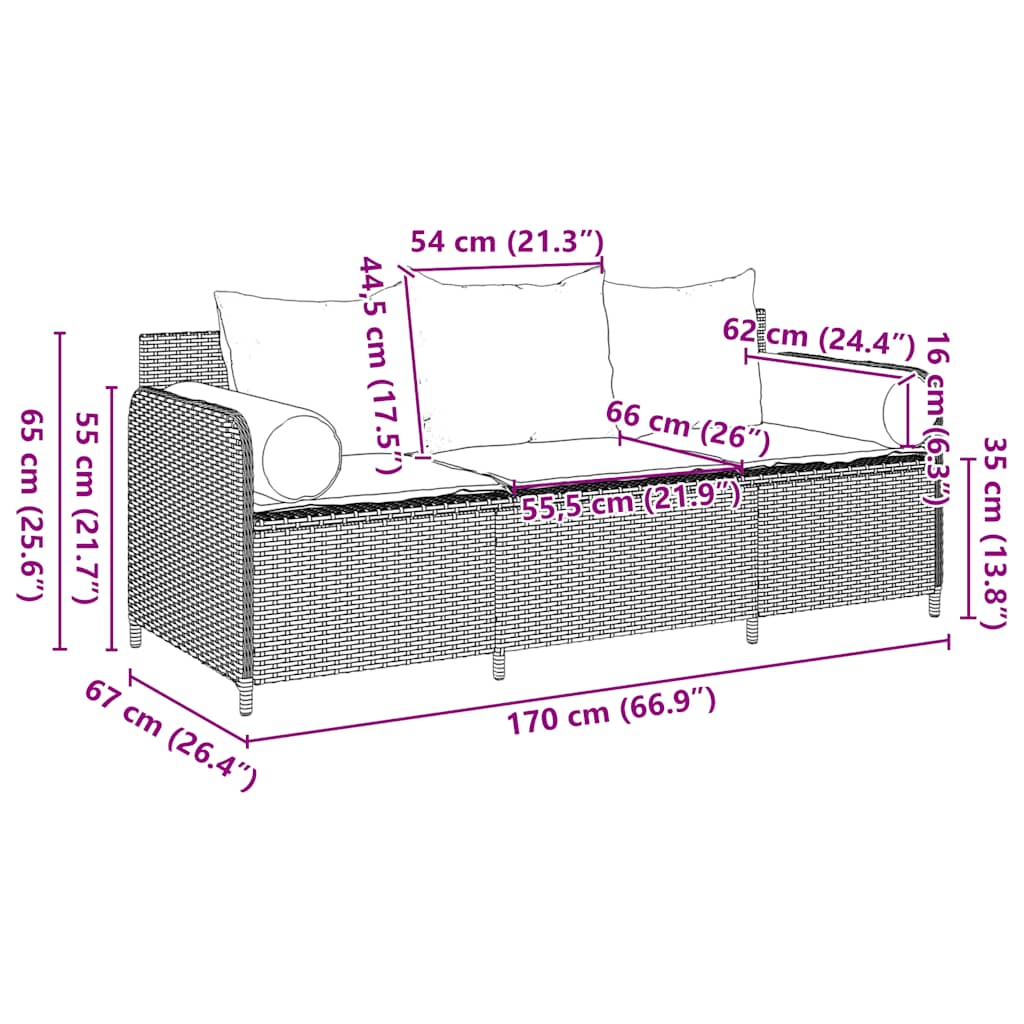 vidaXL Sofa ogrodowa z poduszkami, 3-osobowa, czarna, polirattan