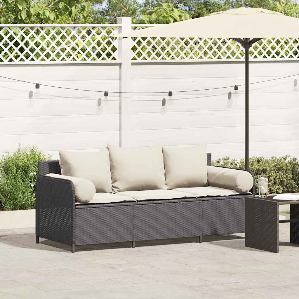 vidaXL Sofa ogrodowa z poduszkami, 3-osobowa, czarna, polirattan