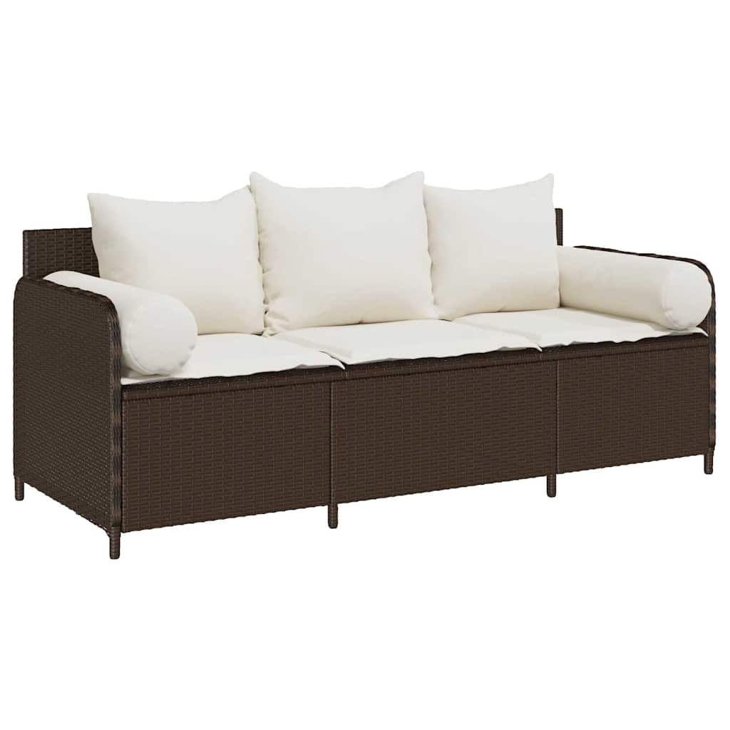 vidaXL Sofa ogrodowa z poduszkami, 3-osobowa, brązowa, polirattan