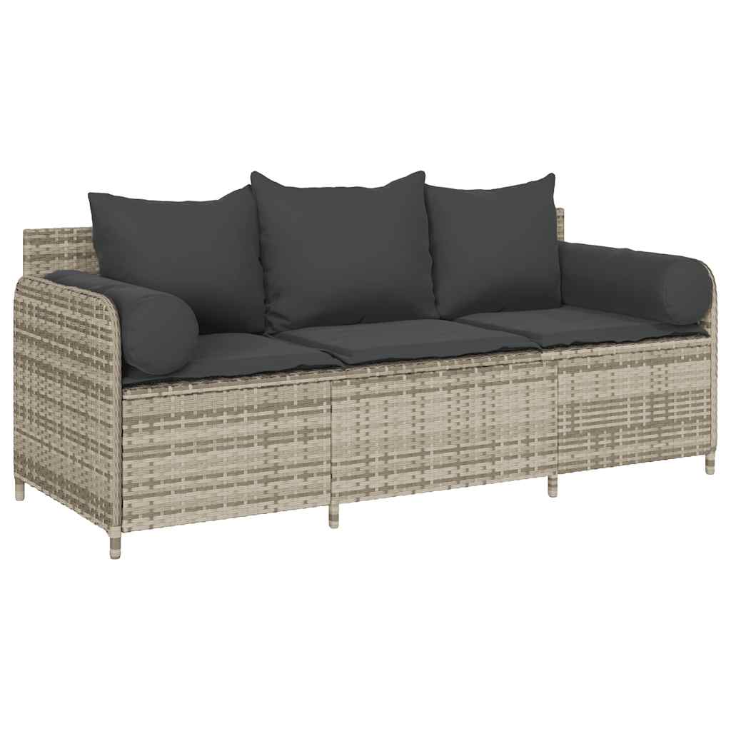 vidaXL Sofa ogrodowa z poduszkami, 3-osobowa, jasnoszara, polirattan