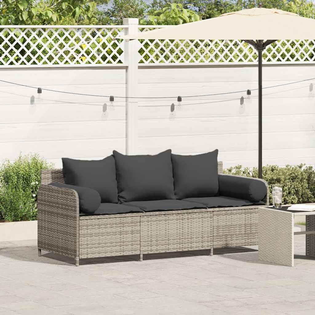 vidaXL Sofa ogrodowa z poduszkami, 3-osobowa, jasnoszara, polirattan