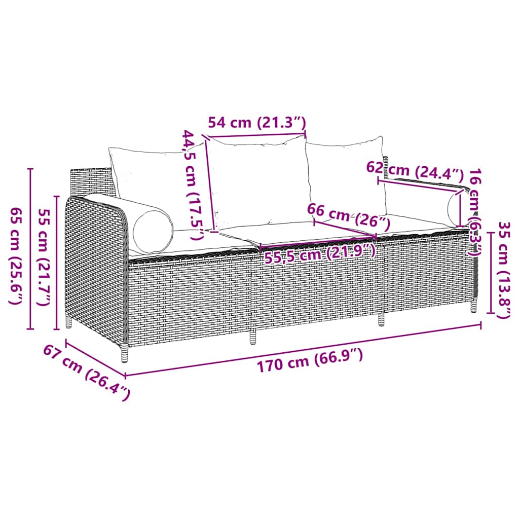 vidaXL 3-osobowa sofa ogrodowa z poduszkami, szara, polirattan