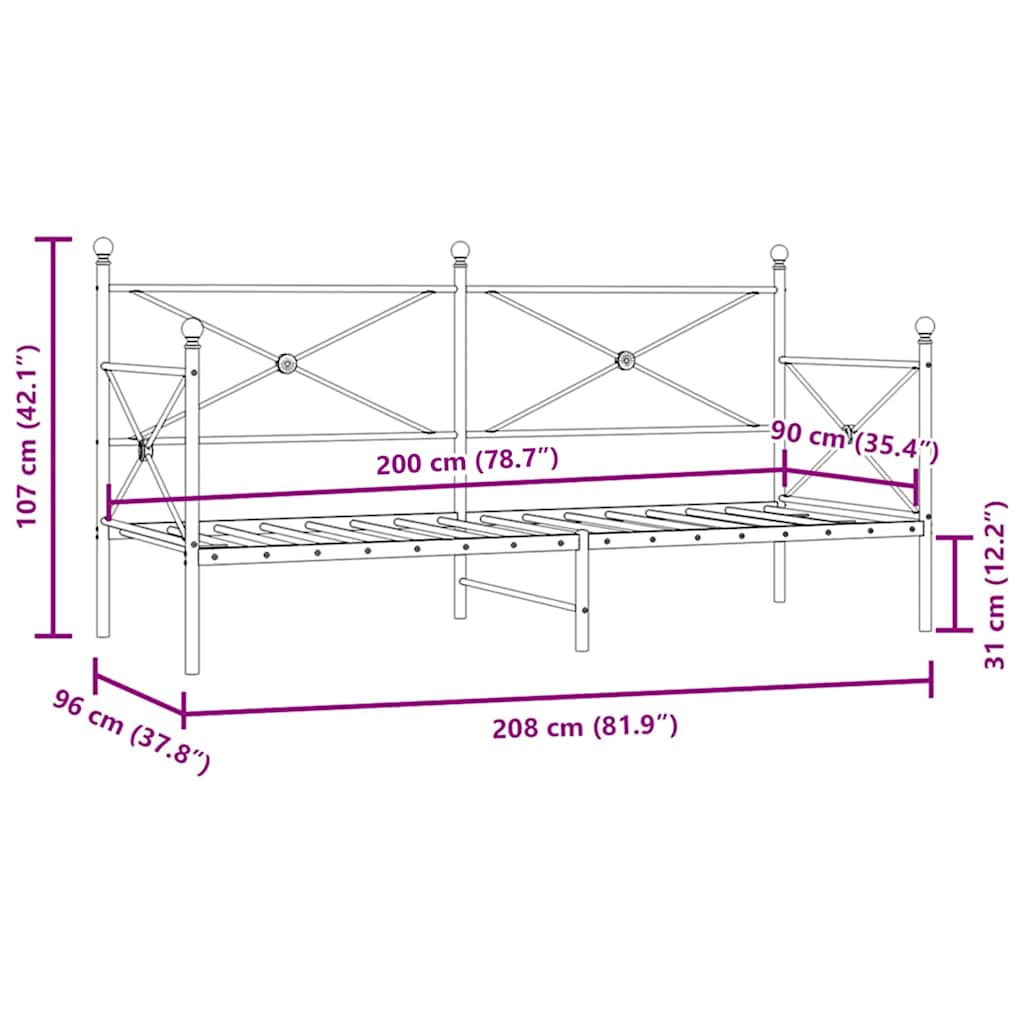 vidaXL Łóżko dzienne bez materaca czarne 90x200 cm stalowe