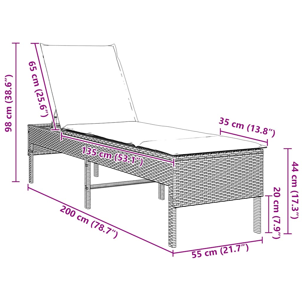 vidaXL Leżak z poduszką Czarny 55x200x44cm polirattan