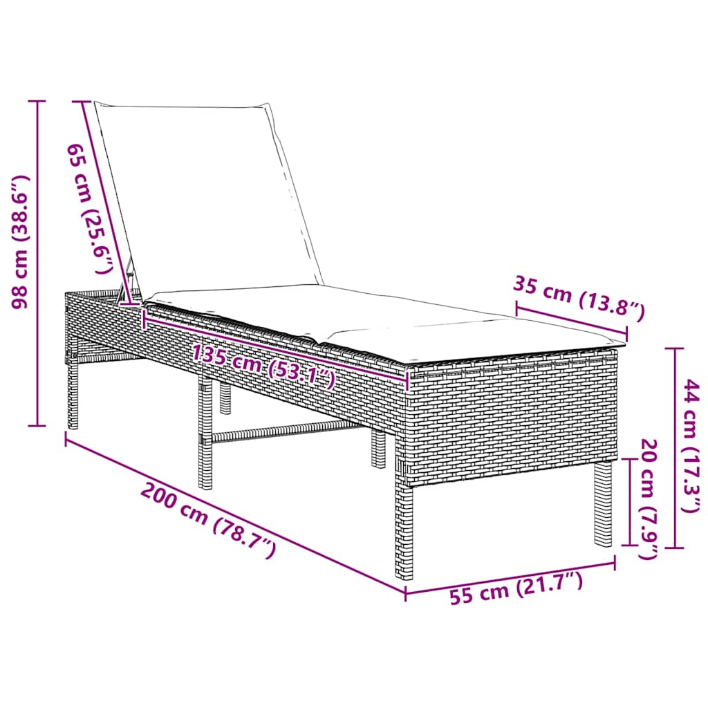 vidaXL Leżak z poduszką Brązowy 55x200x44cm Polirattan