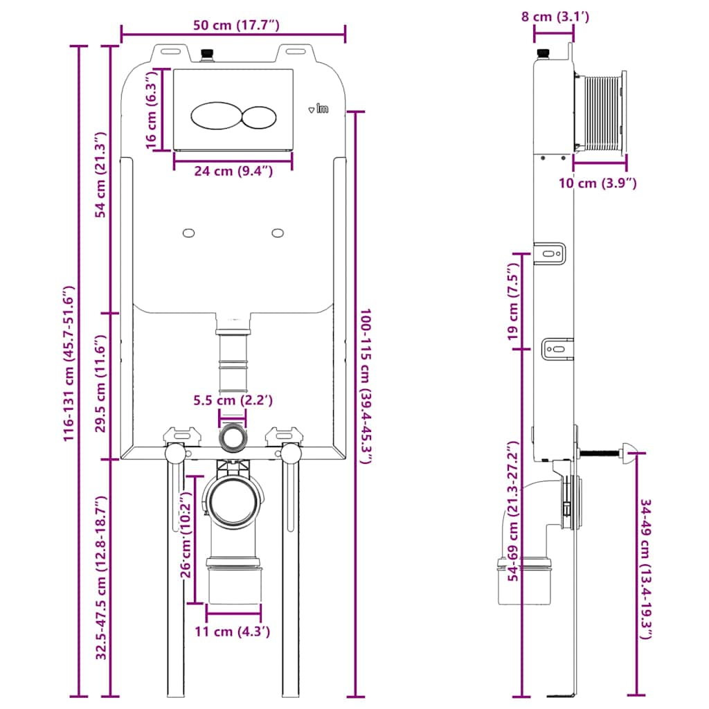 vidaXL Rama spłuczkowa z przechowywaniem Biały 50 x 8 x 131 cm Stal
