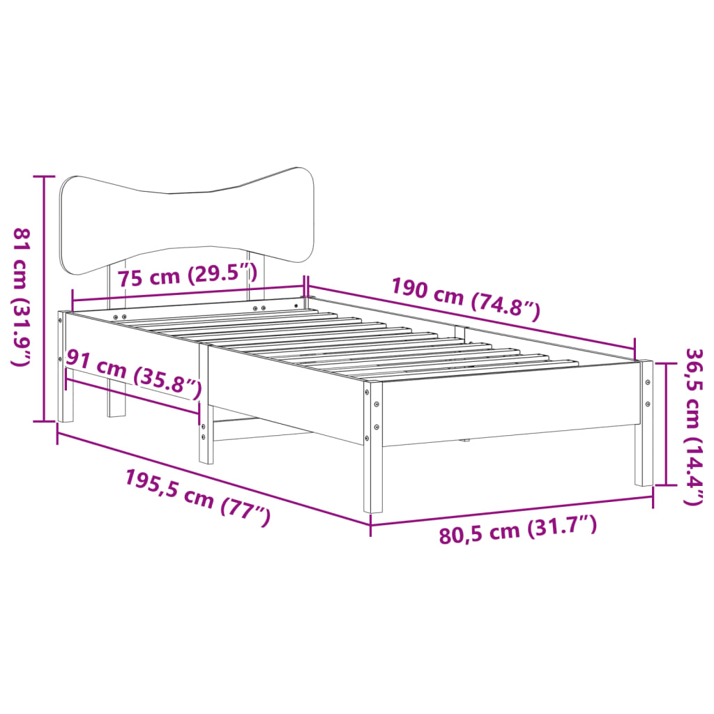vidaXL Rama łóżka bez materaca, biała, 75x190 cm, lite drewno sosnowe
