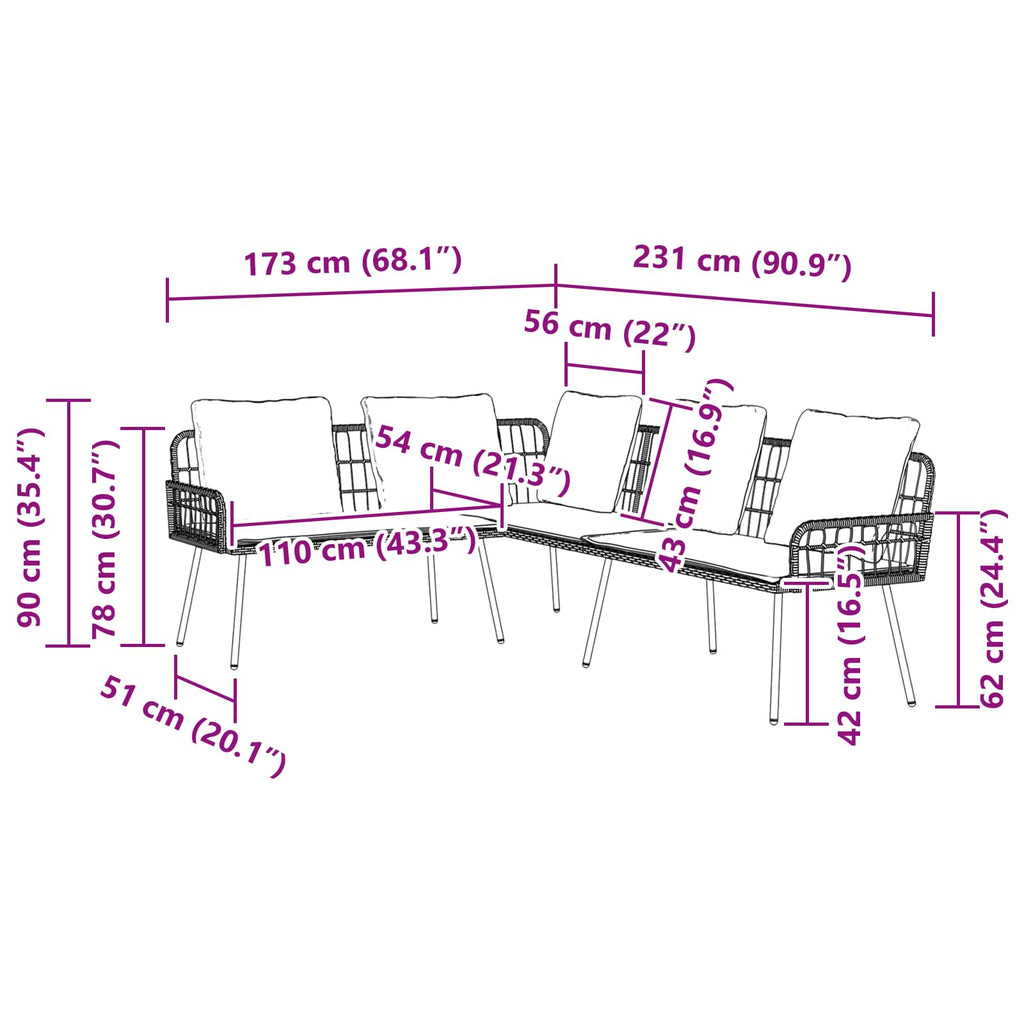 vidaXL Sofa z poduszką natura 173 x 231 x 90cm Stal