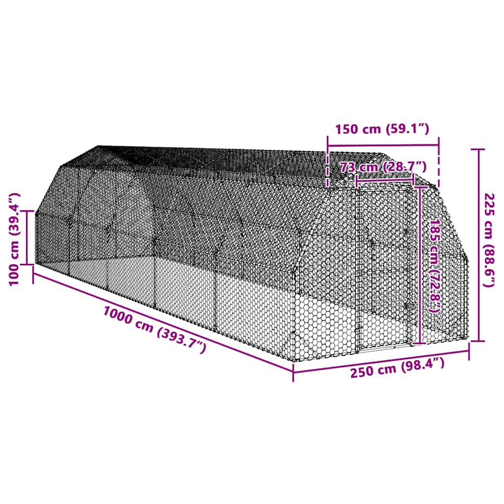 vidaXL Kurnik dla kur 2,5x10x2,25 m Stal ocynkowana