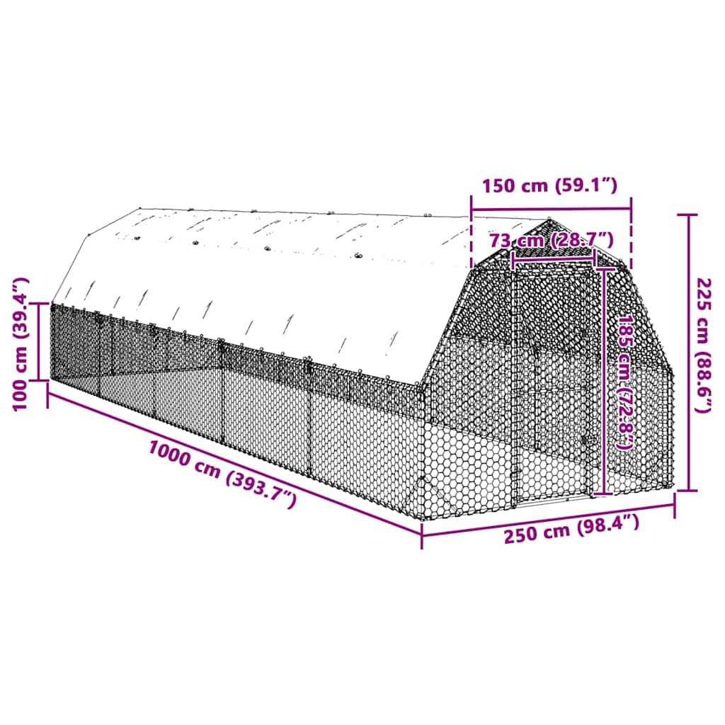 vidaXL Kurnik z dachem 2,5x10x2,25 m Stal ocynkowana