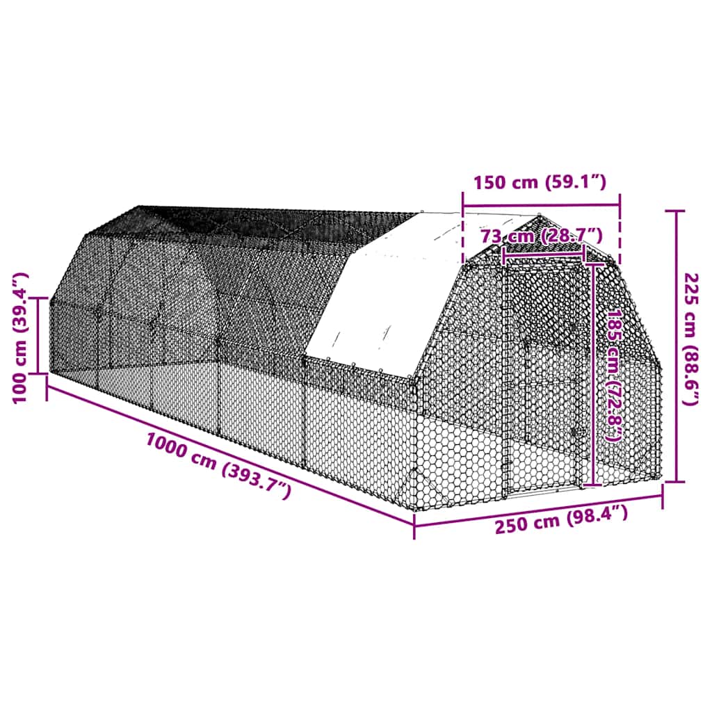 vidaXL Kurnik z dachem 2,5x10x2,25 m Stal ocynkowana