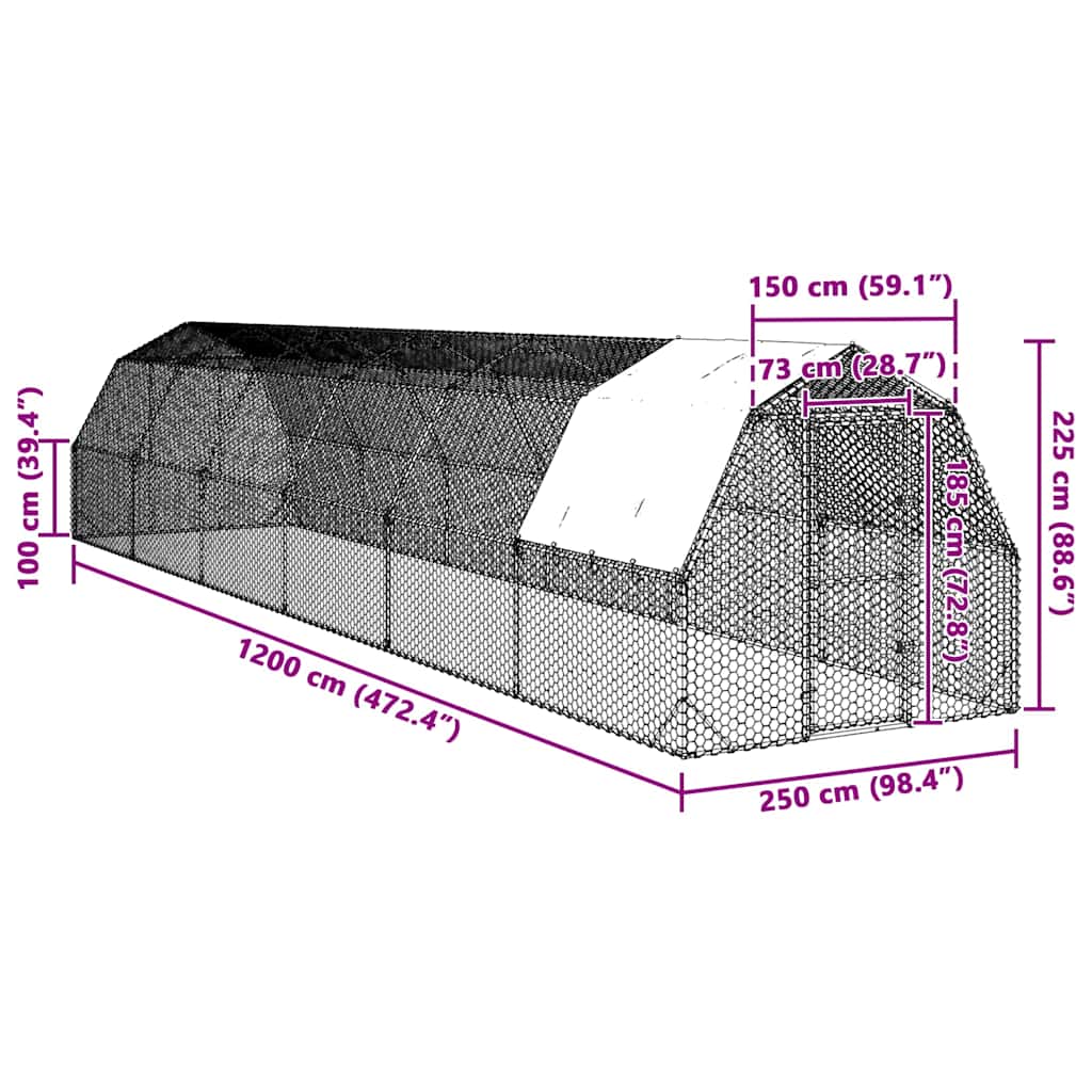 vidaXL Kurnik z dachem 2,5x12x2,25 m Stal ocynkowana