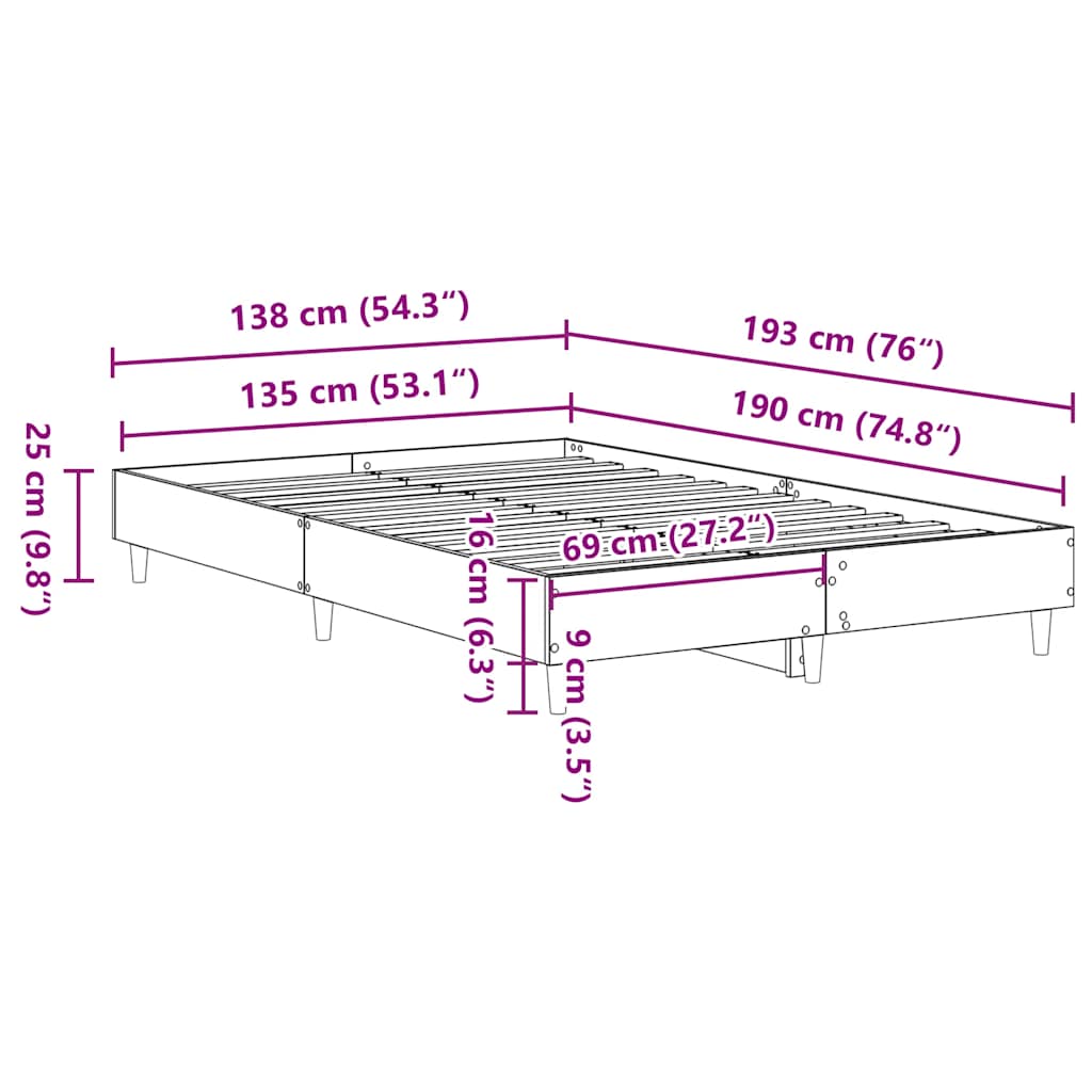 vidaXL Rama łóżka bez materaca Artisan Oak 135x190 cm Drewno klejone