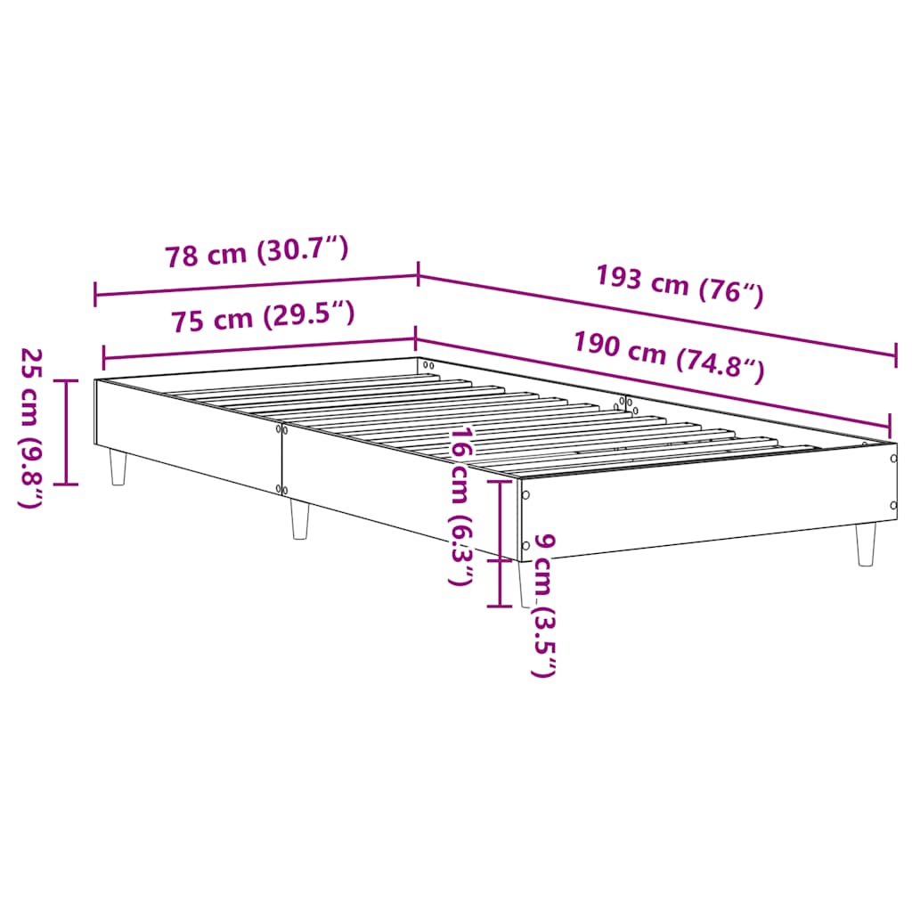 vidaXL Rama łóżka bez materaca Brązowy dąb 75x190 cm Drewno klejone