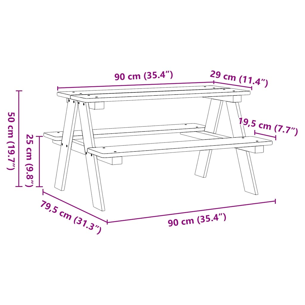 vidaXL Stół dziecięcy z ławkami "IRUN" 90x79,5x50 cm Drewno lite