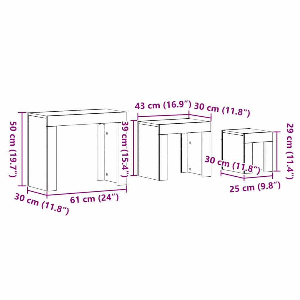 vidaXL Stolik gniazdowy 3 pcs Czarny Dąb Materiał drewnopochodny