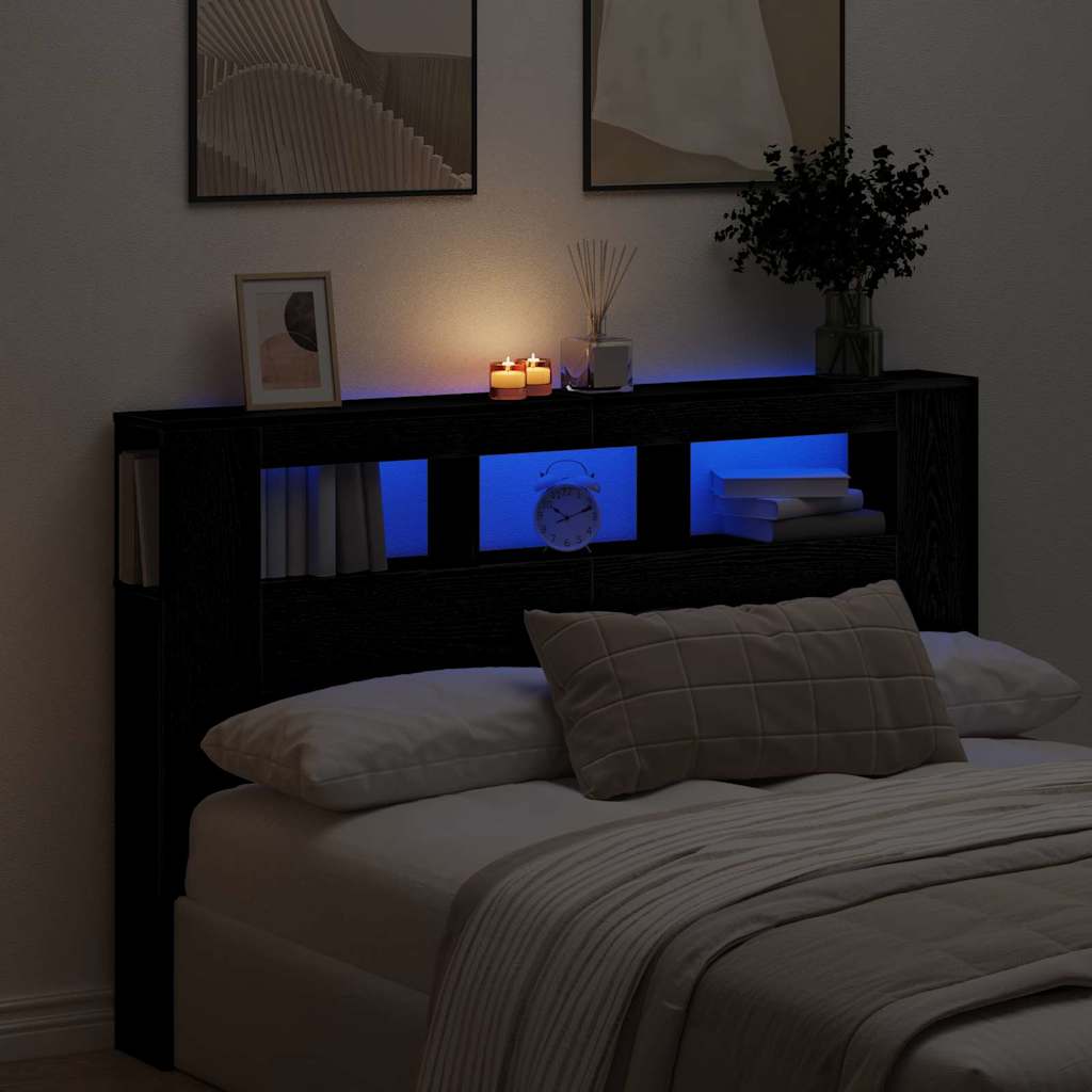 vidaXL Wezgłowie LED z paskami LED Czarny Dąb 160 x 18,5 x 103,5 cm