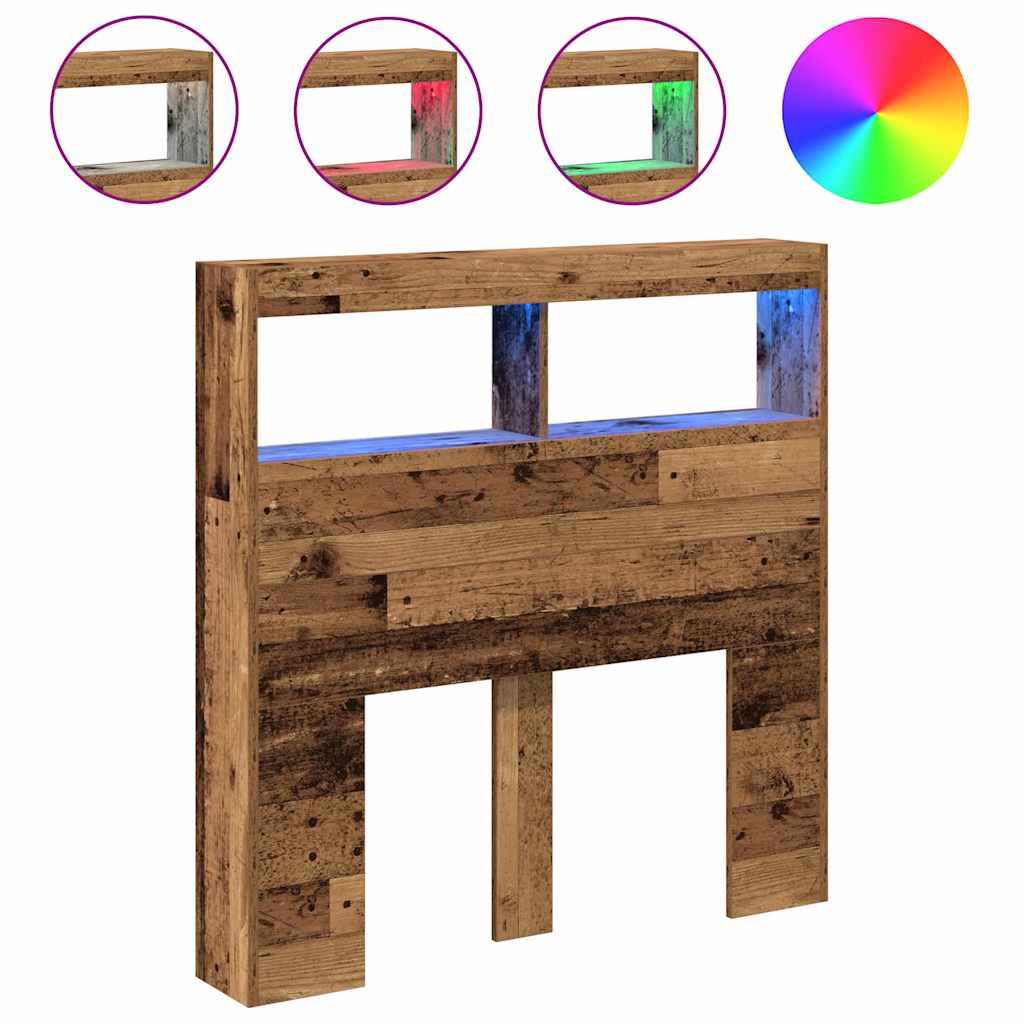 vidaXL Zagłówek z półkami i LED, stare drewno, 100x17x102 cm