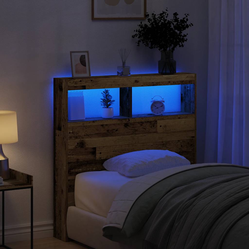 vidaXL Zagłówek z półkami i LED, stare drewno, 100x17x102 cm