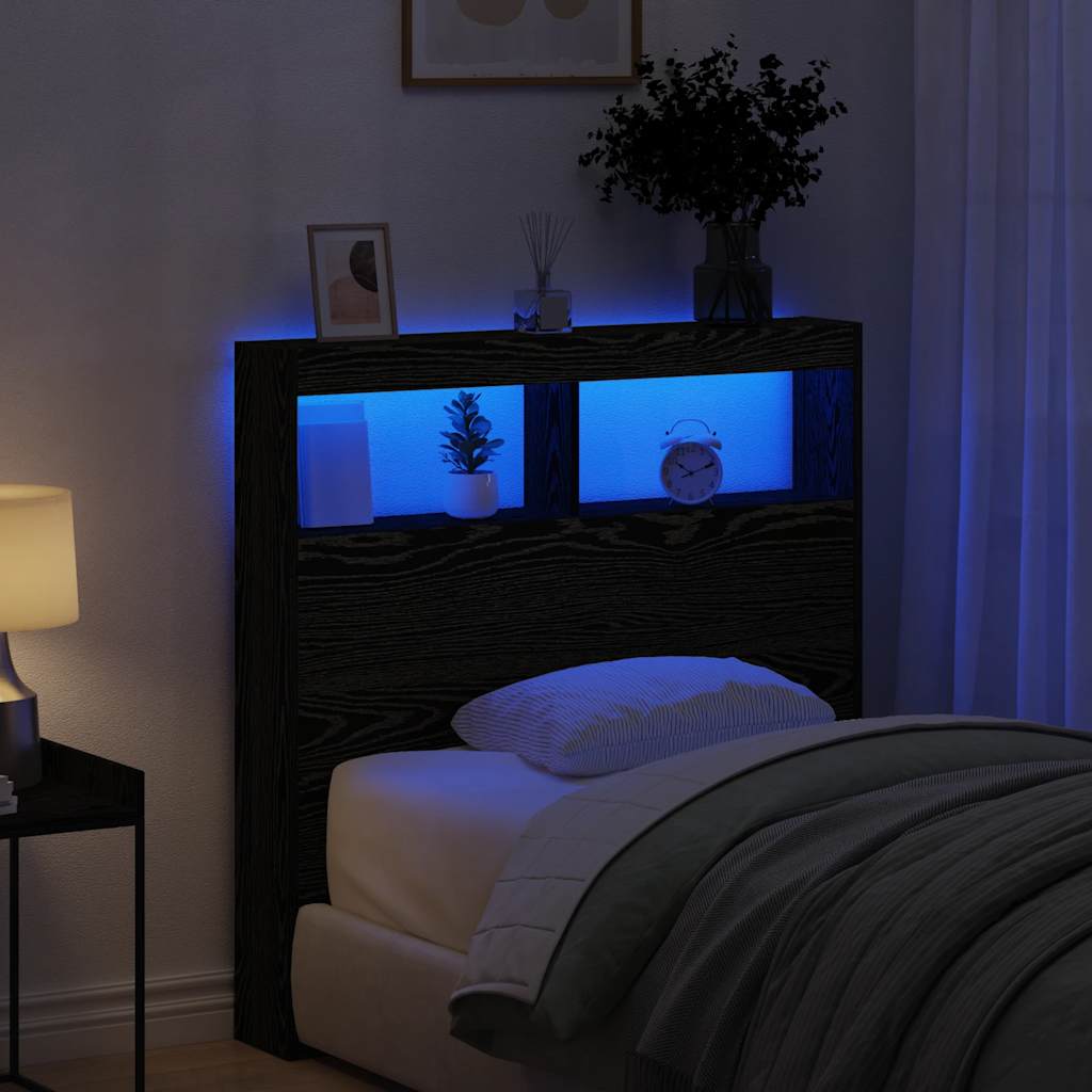 vidaXL Zagłówek z półkami i LED, czarny dąb, 100x17x102 cm