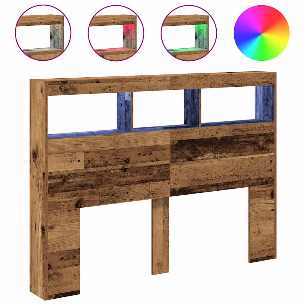 vidaXL Zagłówek z półkami i LED, stare drewno, 140x17x102 cm