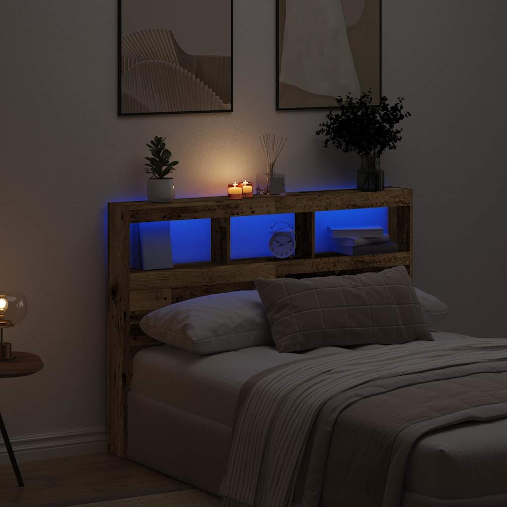 vidaXL Zagłówek z półkami i LED, stare drewno, 140x17x102 cm