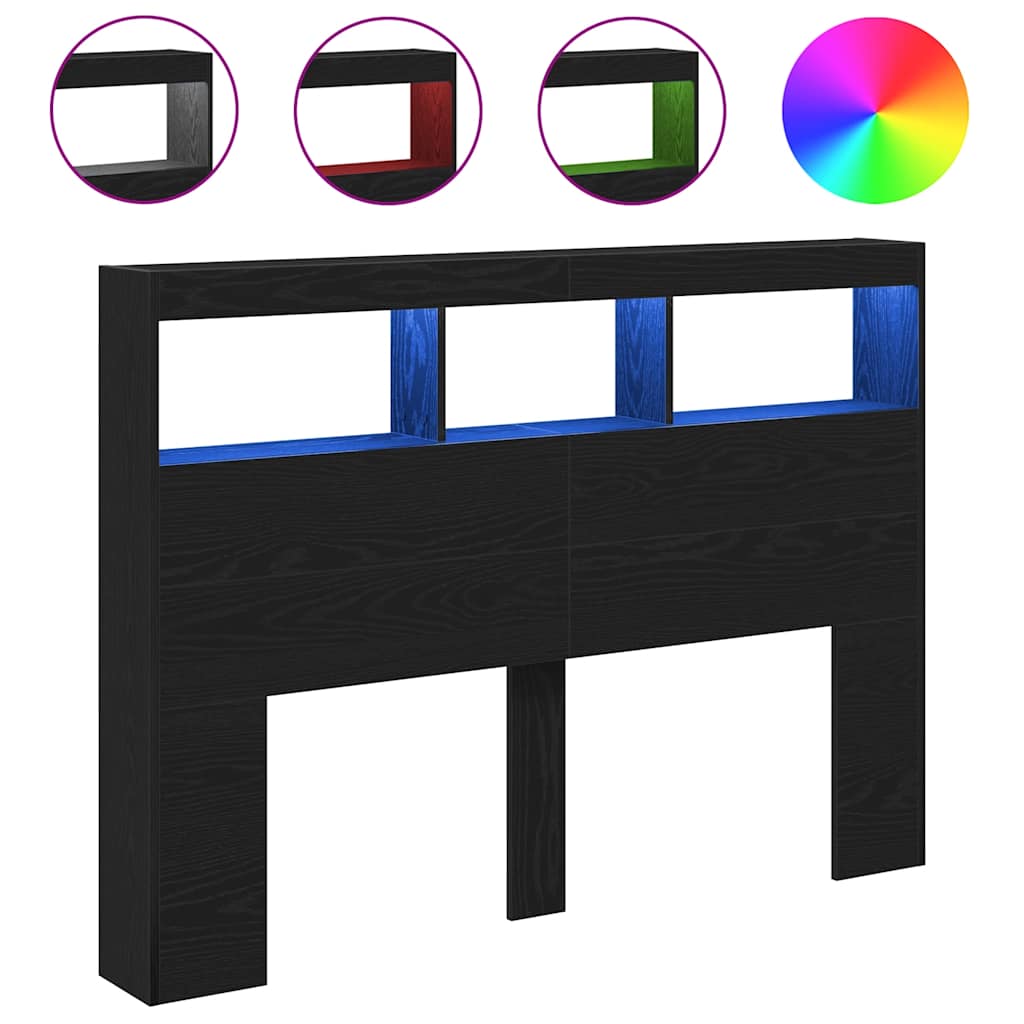 vidaXL Zagłówek z półkami i LED, czarny dąb, 140x17x102 cm