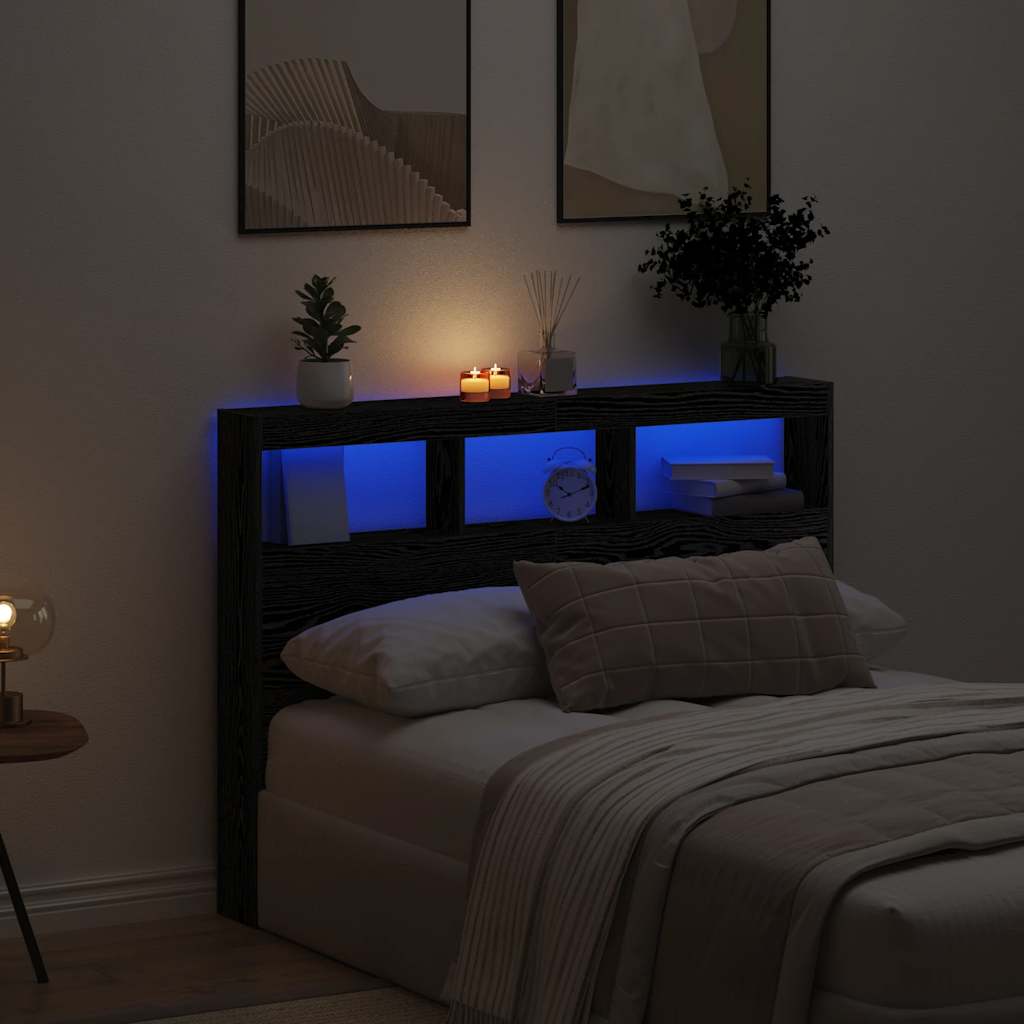 vidaXL Zagłówek z półkami i LED, czarny dąb, 140x17x102 cm
